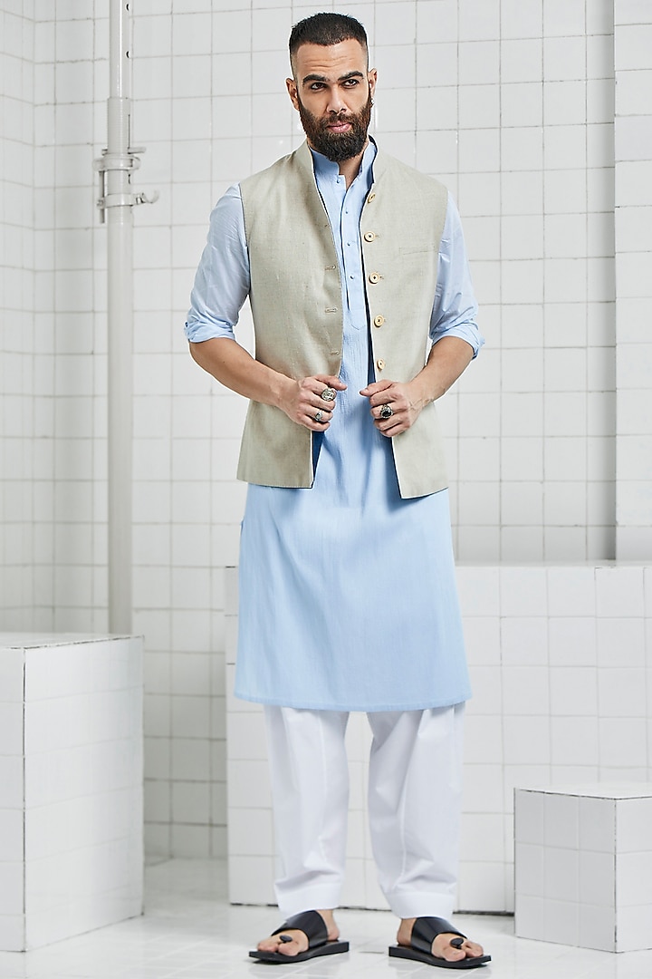 Beige Linen Reversible Waistcoat by Rajesh Pratap Singh Men