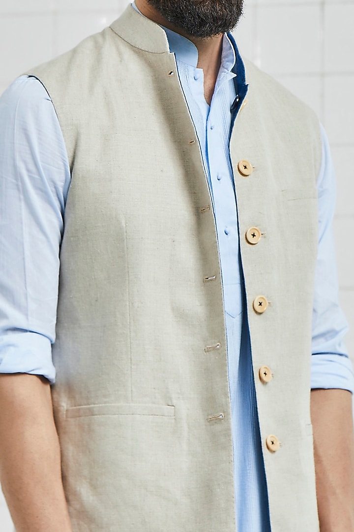 Beige Linen Reversible Waistcoat by Rajesh Pratap Singh Men at Pernia's Pop Up Shop