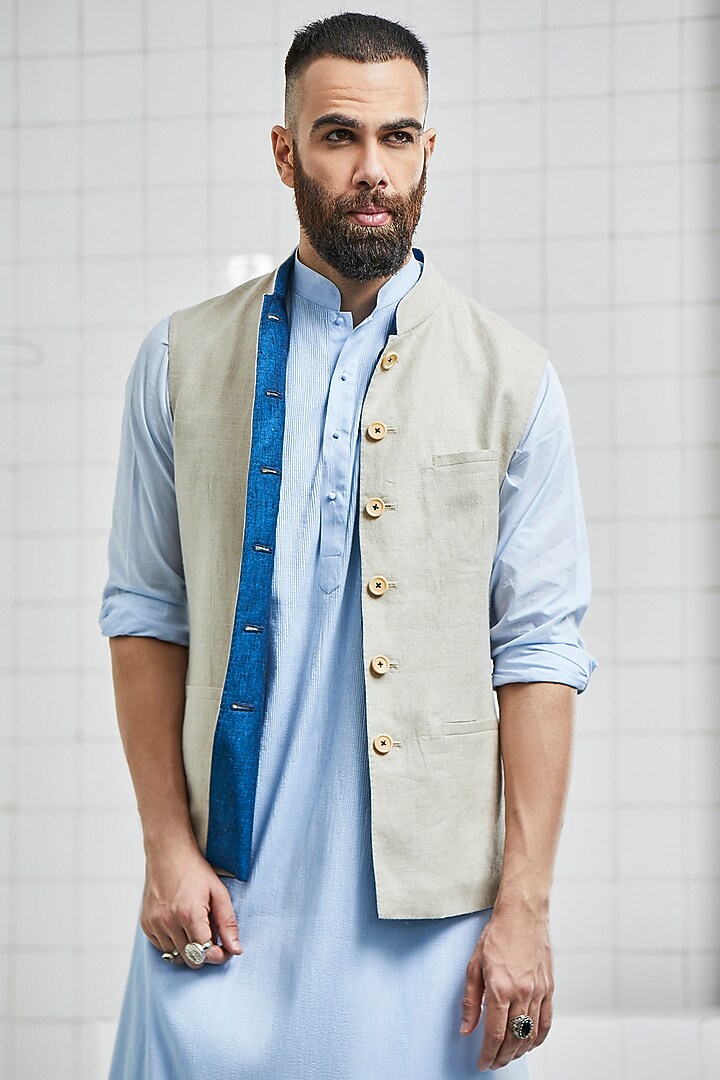 Beige Linen Reversible Waistcoat by Rajesh Pratap Singh Men at Pernia's Pop Up Shop