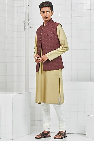 Brown Flower Detailed Waistcoat by Rajesh Pratap Singh Men