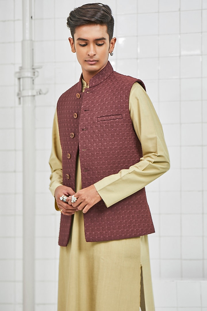 Brown Flower Detailed Waistcoat by Rajesh Pratap Singh Men at Pernia's Pop Up Shop