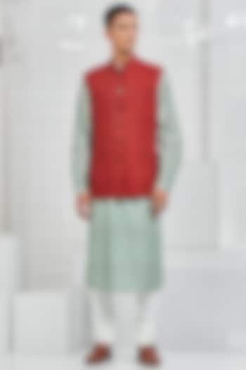 Red Hand Block Printed Reversible Waistcoat by Rajesh Pratap Singh Men