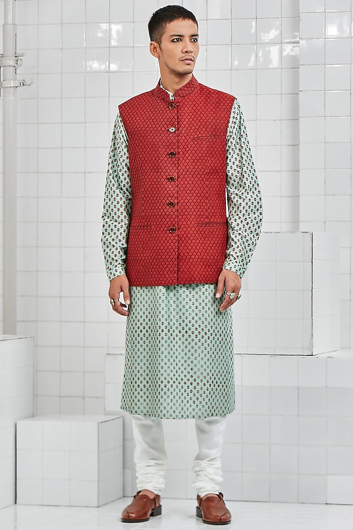 Red Hand Block Printed Reversible Waistcoat by Rajesh Pratap Singh Men