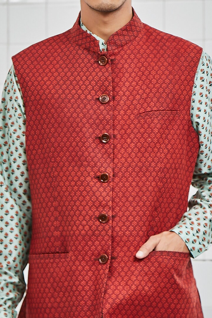 Red Hand Block Printed Reversible Waistcoat by Rajesh Pratap Singh Men at Pernia's Pop Up Shop