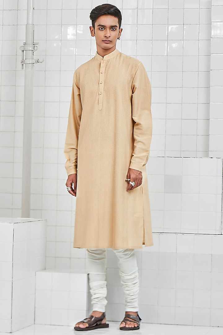 Sand Colored Kurta Set With Zari Detailing by Rajesh Pratap Singh Men