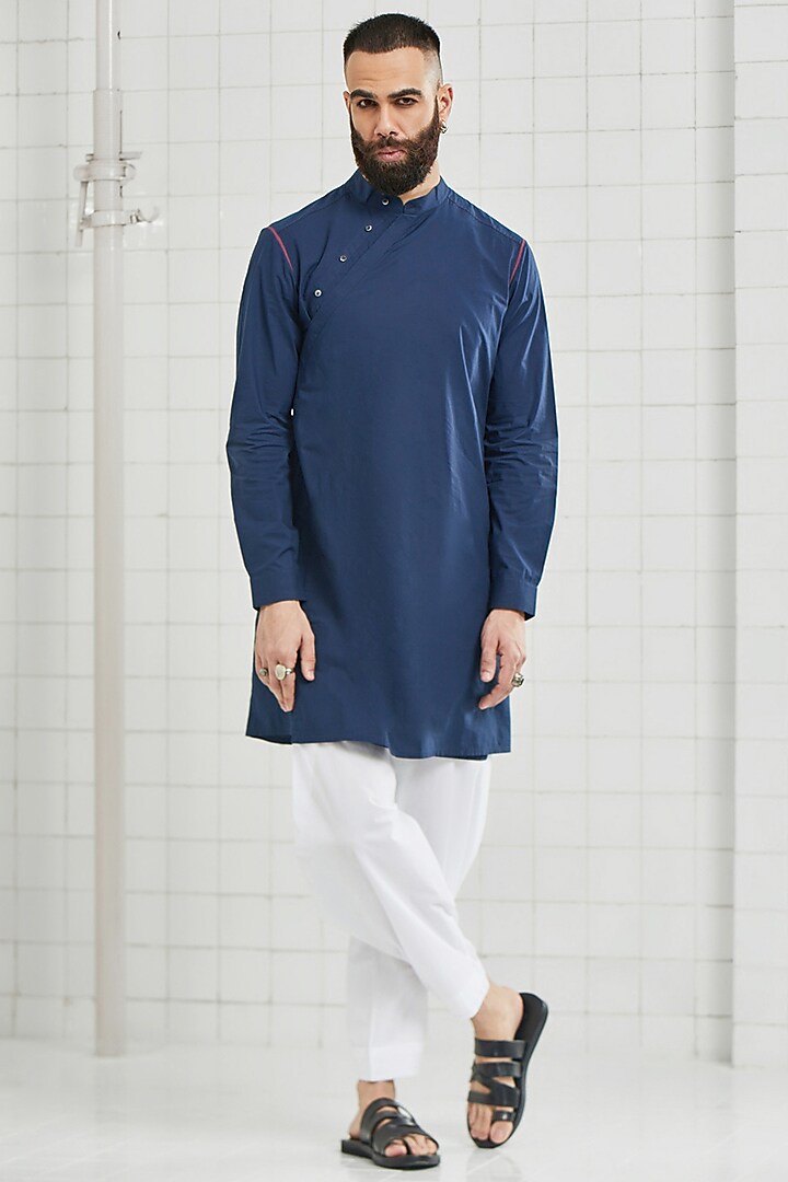 Blue Asymmetrical Tunic by Rajesh Pratap Singh Men
