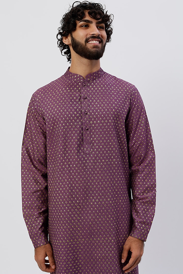 Aubergine Viscose Block Printed Kurta Set by Rajesh Pratap Singh Men at Pernia's Pop Up Shop
