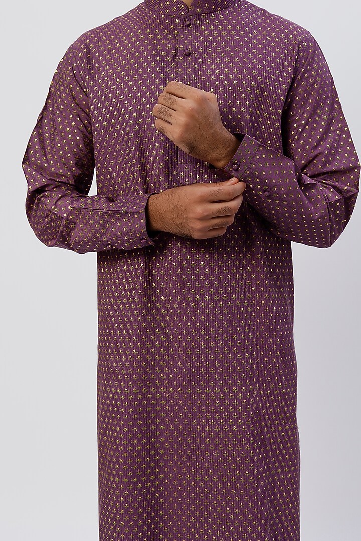 Aubergine Viscose Block Printed Kurta Set by Rajesh Pratap Singh Men at Pernia's Pop Up Shop