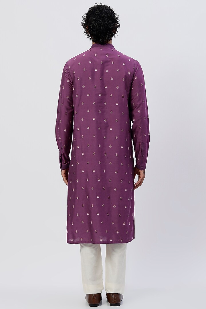 Aubergine Viscose Floral Embroidered Kurta Set by Rajesh Pratap Singh Men at Pernia's Pop Up Shop