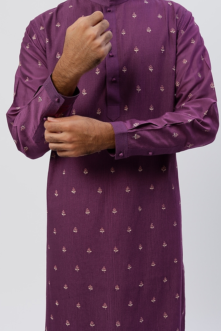Aubergine Viscose Floral Embroidered Kurta Set by Rajesh Pratap Singh Men at Pernia's Pop Up Shop