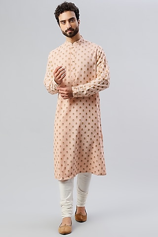 Peach Handloom Handspun Cotton Block Printed Kurta Set by Rajesh Pratap Singh Men