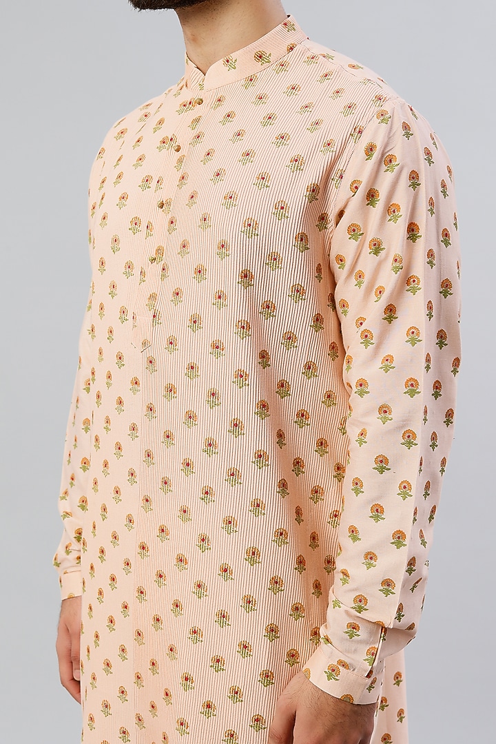 Peach Handloom Handspun Cotton Block Printed Kurta Set by Rajesh Pratap Singh Men at Pernia's Pop Up Shop