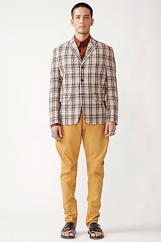 Brown Wool Checkered Jacket by Rajesh Pratap Singh Men