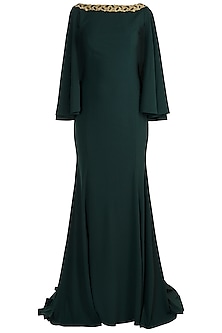 Dark Green Embroidered Fishtail Gown With Attached Cape Design by RS by ...
