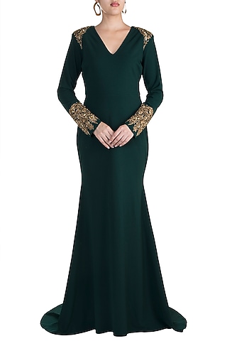 Dark Green Embroidered Fishtail Gown by RS by Rippii Sethi