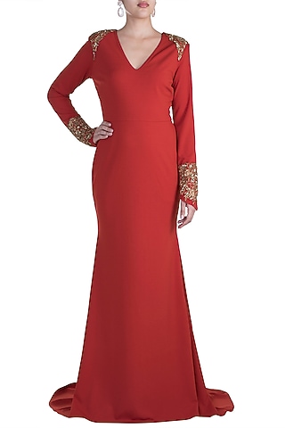 Brick Red Embroidered Fishtail Gown by RS by Rippii Sethi