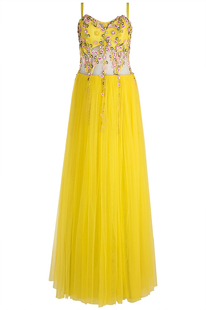Lemon Yellow Embroidered Corset Gown by RS by Rippii Sethi