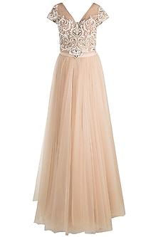 Nude Embroidered Monokini With Skirt by RS by Rippii Sethi at Pernia's