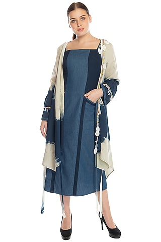 Cobalt Blue Midi Dress With Beige Shrug by RS by Rippii Sethi