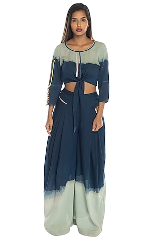 Cobalt Blue Printed Top & Palazzo Pants by RS by Rippii Sethi