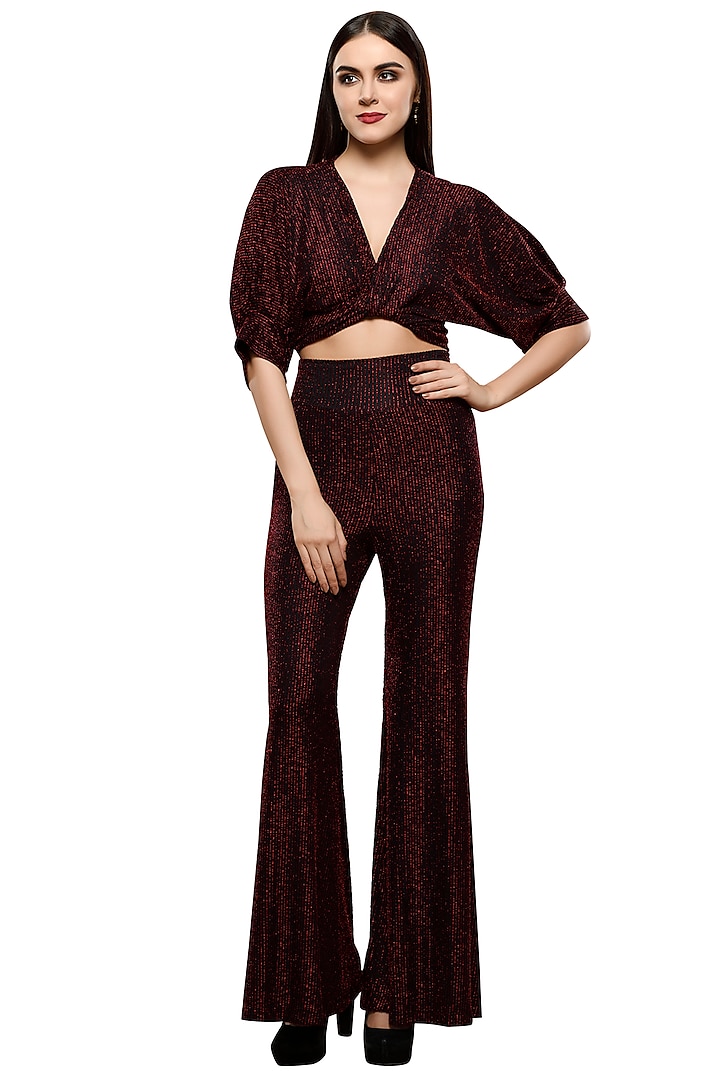 Red Metallic Crop Top With Palazzo Pants by RS by Rippii Sethi