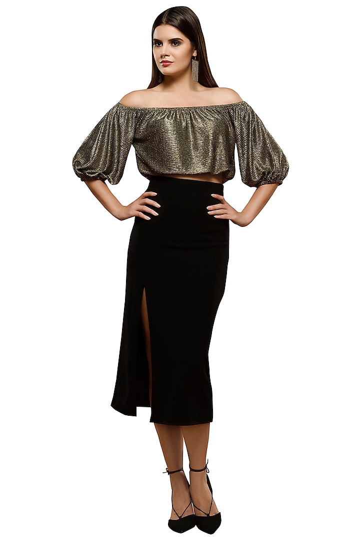 Black Metallic Off Shoulder Top With Slit Skirt by RS by Rippii Sethi