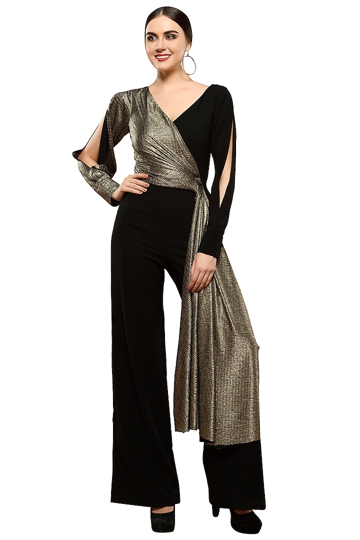 Black & Gold Metallic Draped Jumpsuit by RS by Rippii Sethi