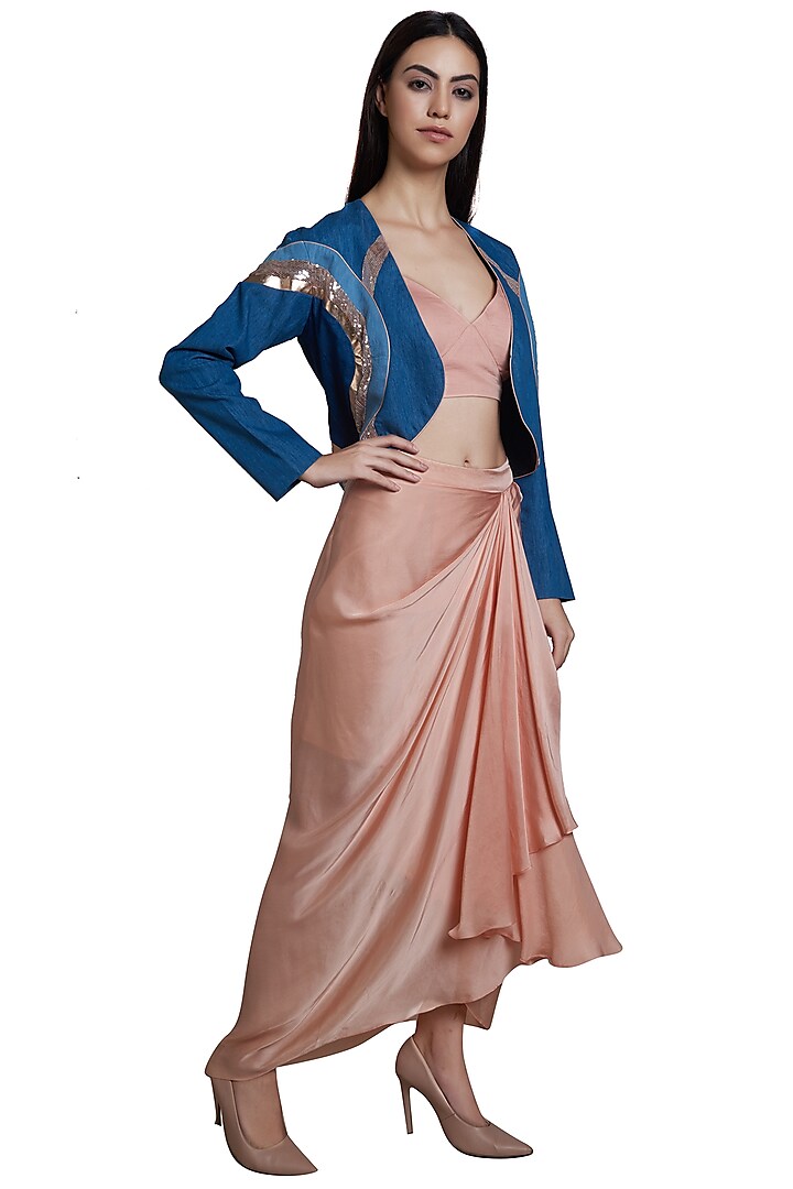 Blush Pink Blouse & Draped Skirt With Denim Jacket by RS by Rippii Sethi