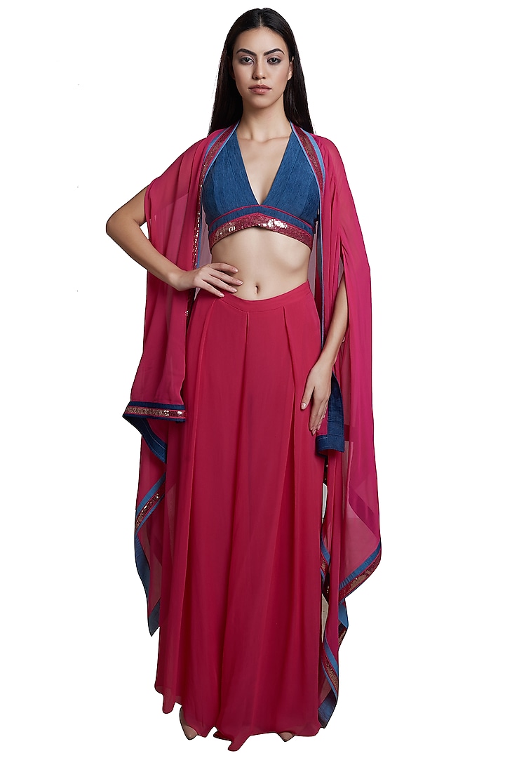 Hot Pink Palazzo Pants With Blue Blouse & Cape by RS by Rippii Sethi