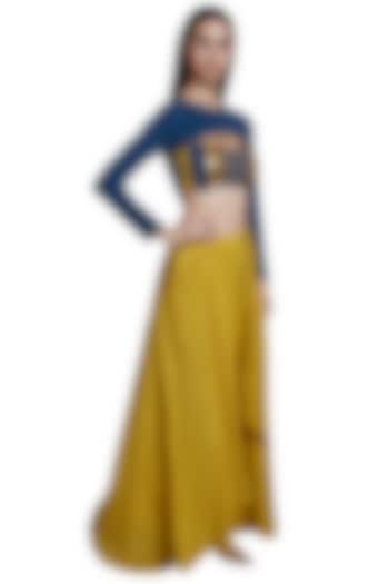 Yellow Skirt Style Pants With Denim Blouse & Crop Top by RS by Rippii Sethi