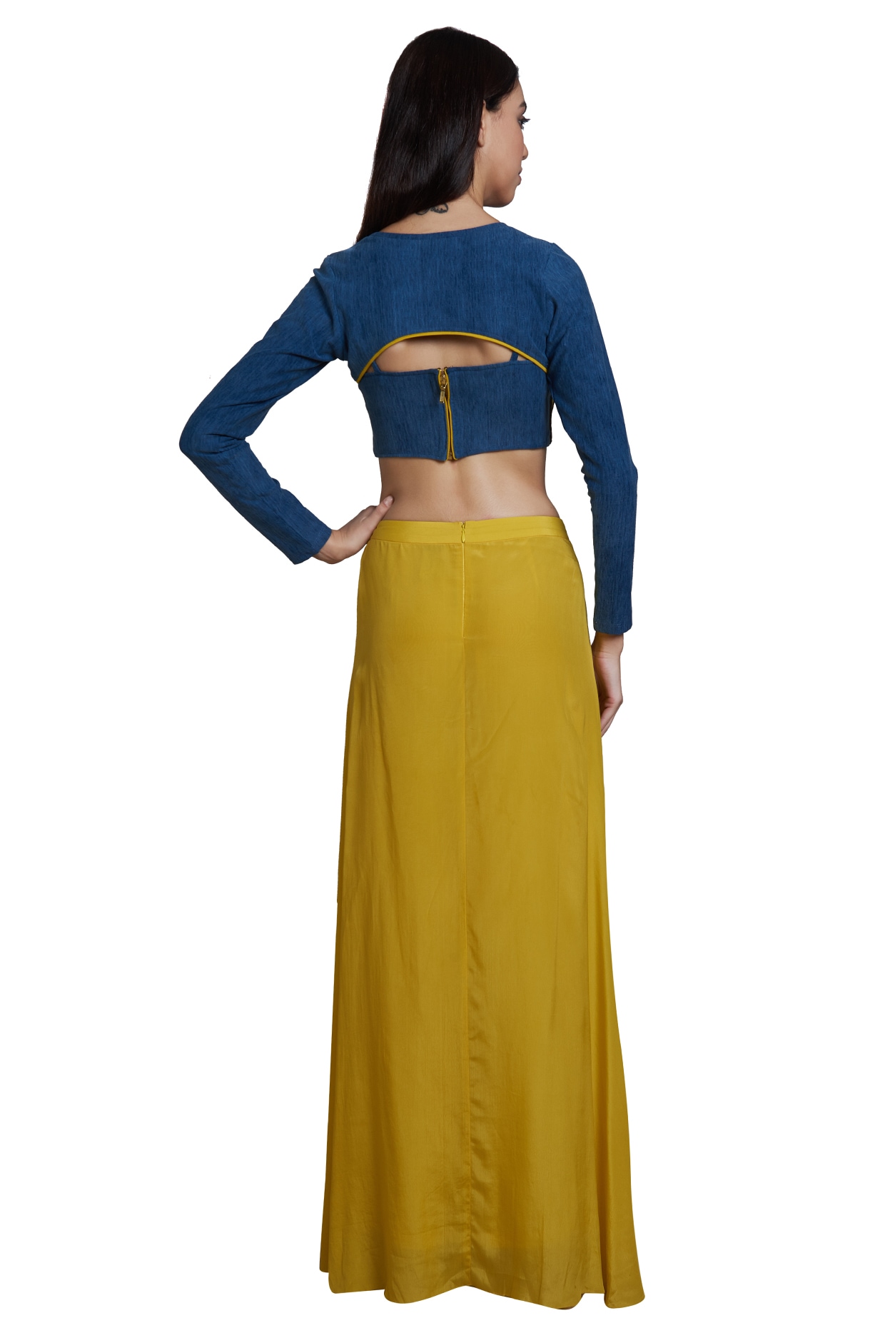 Yellow Skirt Style Pants With Denim 