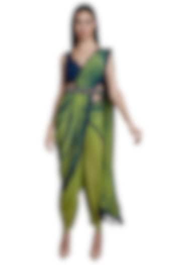 Green & Blue Tie-Dye Dhoti Saree Set With Embroidered Belt by RS by Rippii Sethi