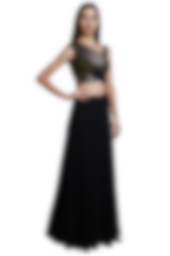 Black Palazzo Pants With Olive Green Pleated Crop Top by RS by Rippii Sethi
