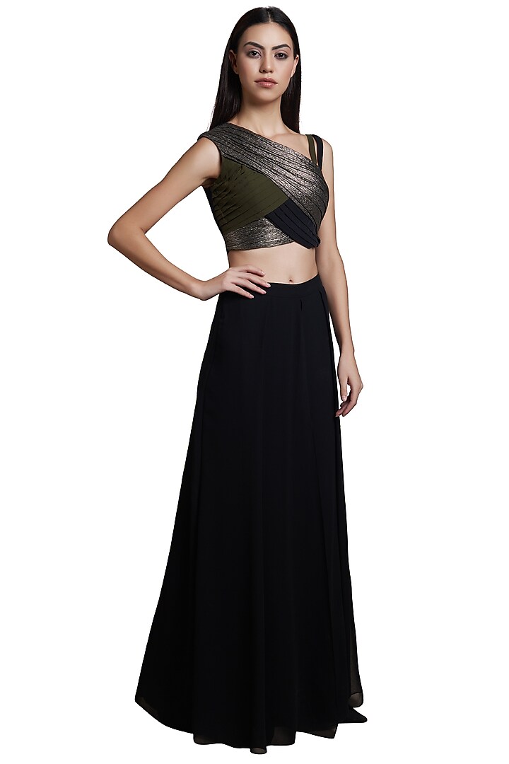 Black Palazzo Pants With Olive Green Pleated Crop Top by RS by Rippii Sethi