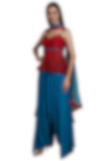 Red Peplum Top With Palazzo Pants & Dupatta by RS by Rippii Sethi