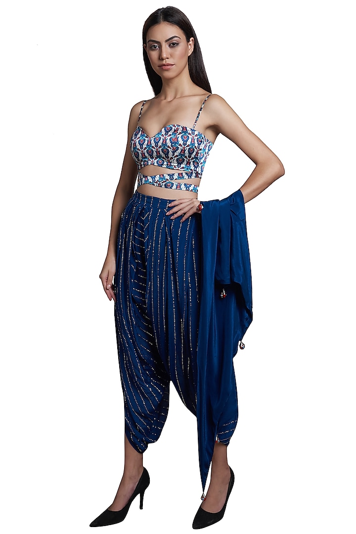 Blue Dhoti Pants With Printed Blouse & Scarf by RS by Rippii Sethi