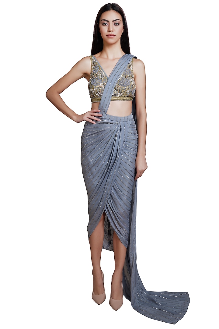 Grey Embroidered Pre-stitched Saree Set by RS by Rippii Sethi