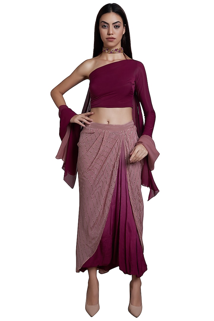 Pink Draped Skirt With Blouse & Choker Cape Dupatta by RS by Rippii Sethi