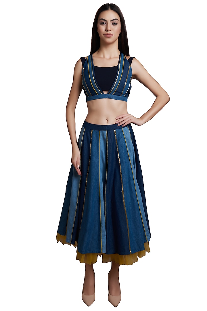 Indigo Crop Top With Midi Skirt by RS by Rippii Sethi