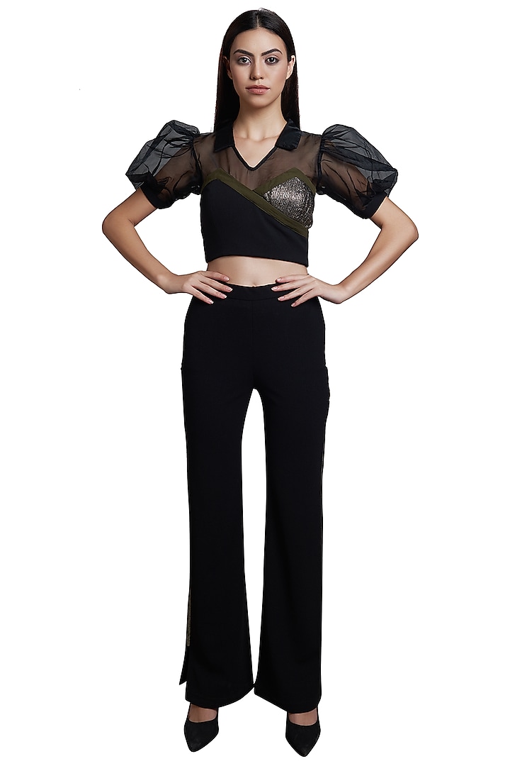 Black Embellished Crop Top With Pants by RS by Rippii Sethi