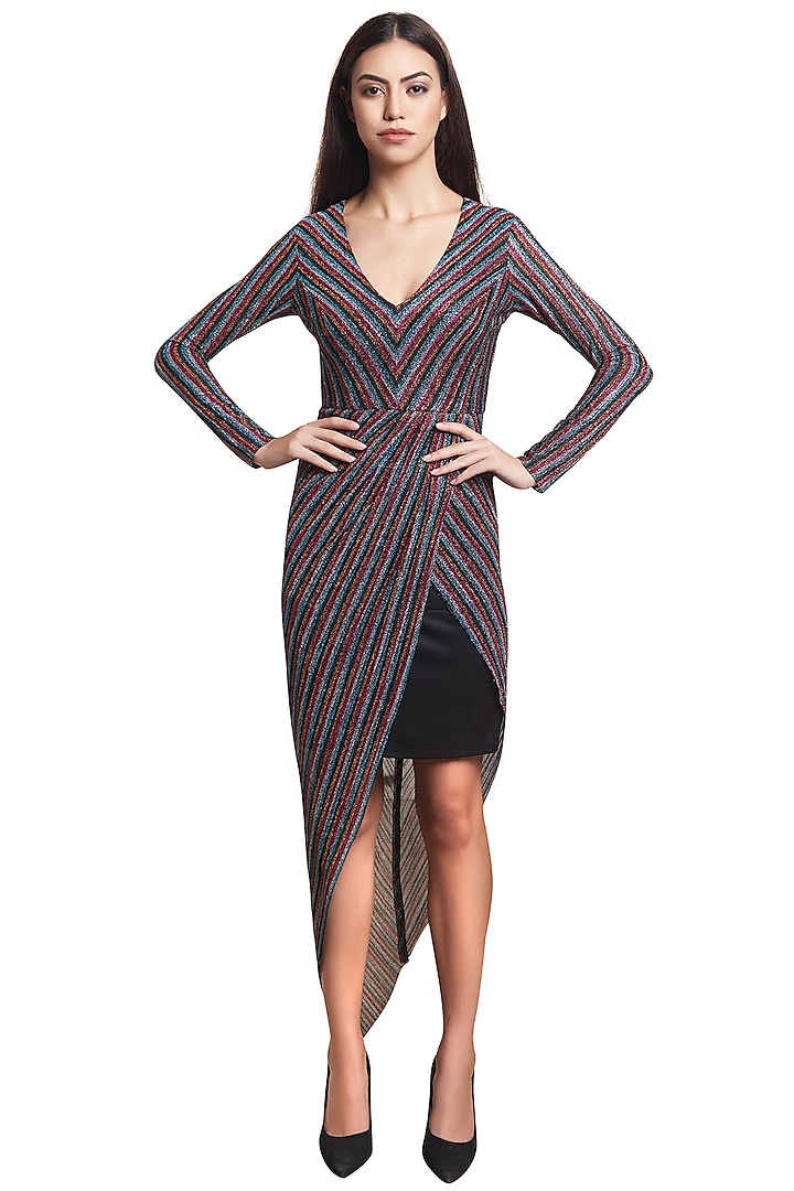 Multi Colored Polyester Striped Dress by RS by Rippii Sethi