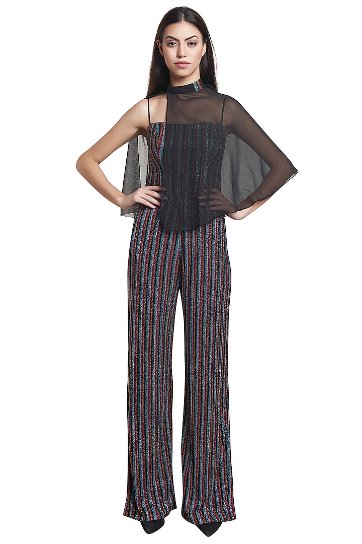 Multicolored Striped Jumpsuit With Black Cape by RS by Rippii Sethi