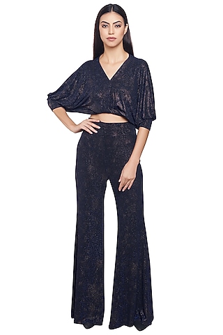 Blue Metallic Crop Top With Palazzo Pants by RS by Rippii Sethi