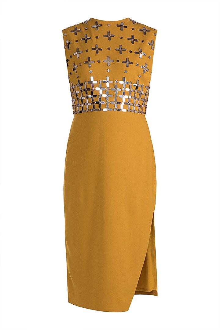 Mustard Embellished Shift Dress by RS by Rippii Sethi