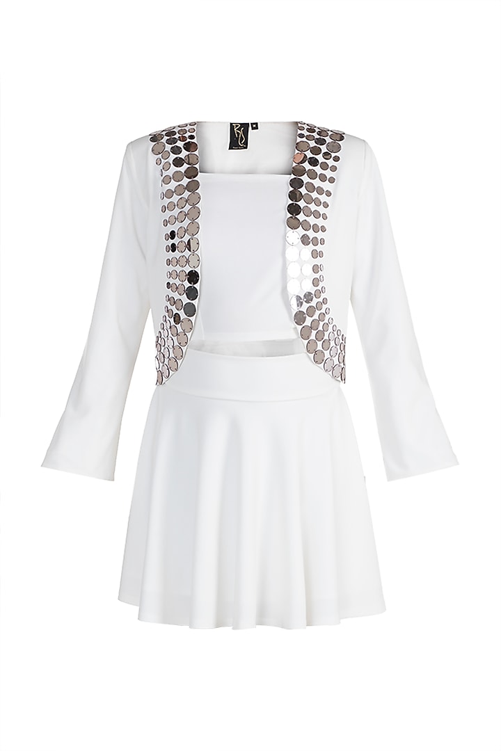 White Embellished Blazer With Tube Top & Skirt by RS by Rippii Sethi
