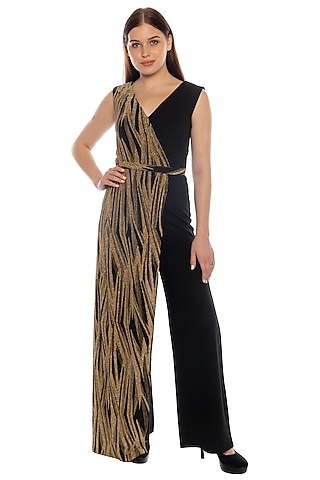 Black Zebra Printed Jumpsuit by RS by Rippii Sethi