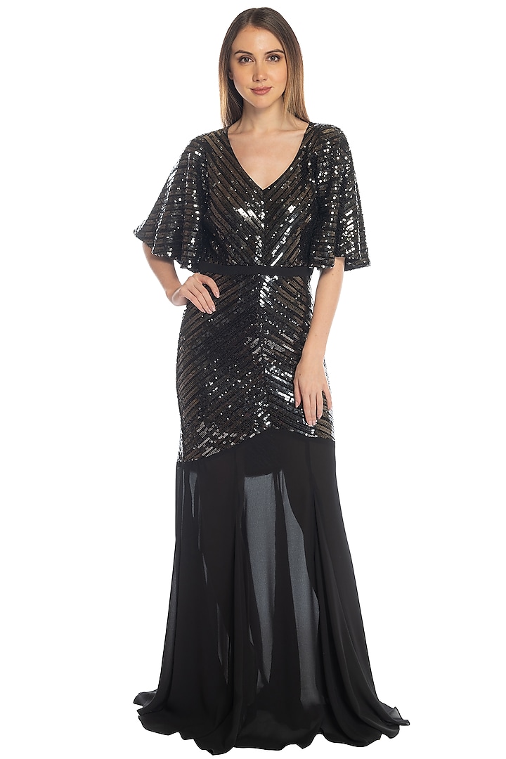 Black Sequins Mermaid Cut Gown by RS by Rippii Sethi