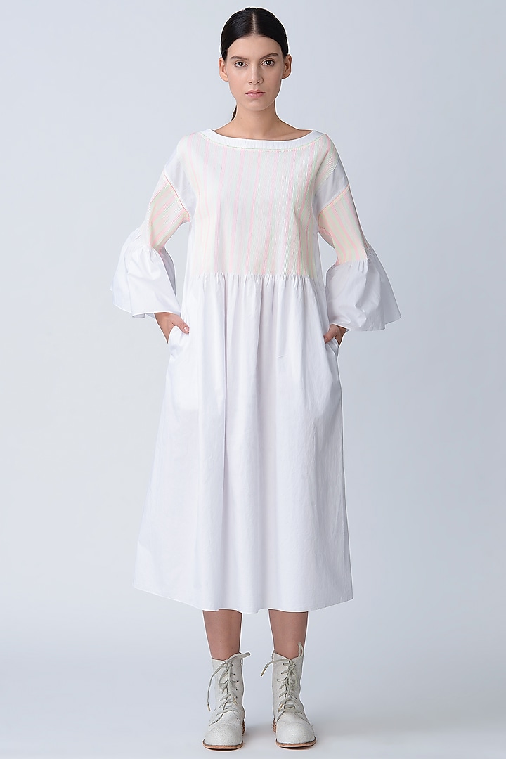 White Cotton Pintucked Vacation Dress by Rajesh Pratap Singh at Pernia's Pop Up Shop