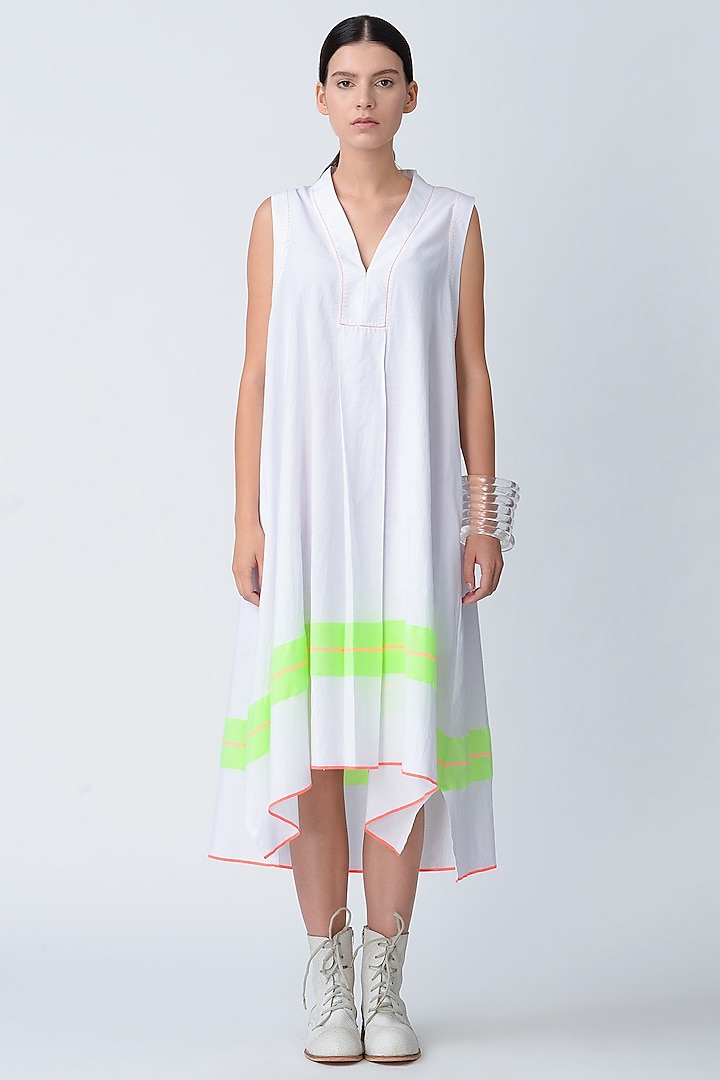 White Cotton Twill Asymmetrical Dress by Rajesh Pratap Singh