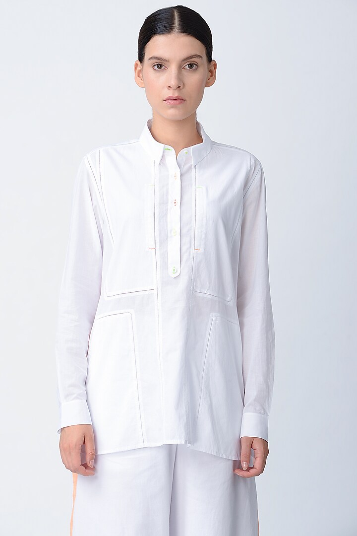 White Patchwork Cotton Shirt by Rajesh Pratap Singh at Pernia's Pop Up Shop